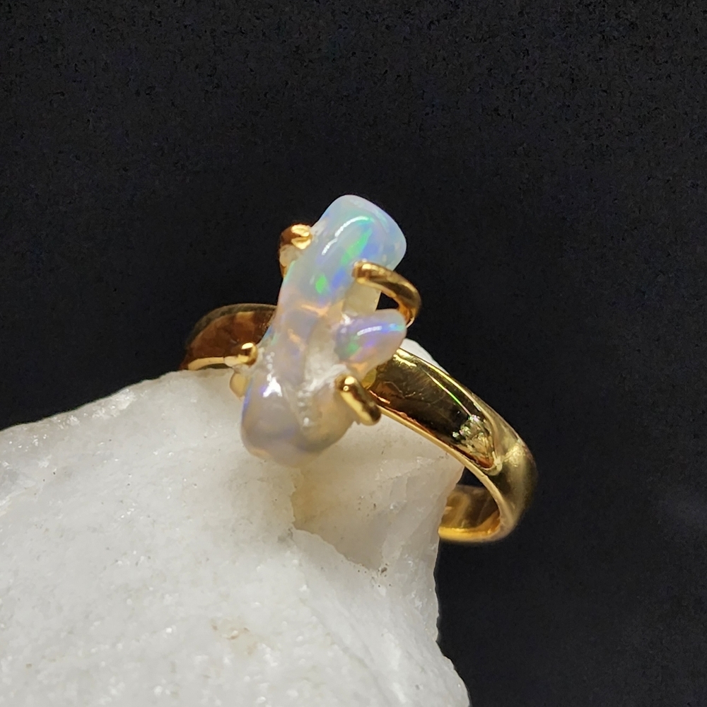 Sterling 925 Silver 14k Gold plated Ring Raw Nugget Natural Opal Boho